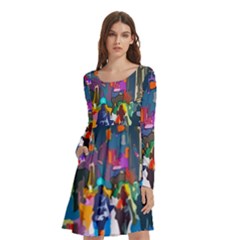 Abstract Vibrant Colour Cityscape Long Sleeve Knee Length Skater Dress With Pockets by Ket1n9