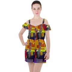 Abstract Vibrant Colour Ruffle Cut Out Chiffon Playsuit by Ket1n9