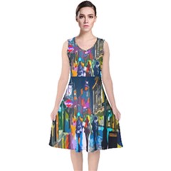 Abstract Vibrant Colour Cityscape V-neck Midi Sleeveless Dress  by Ket1n9