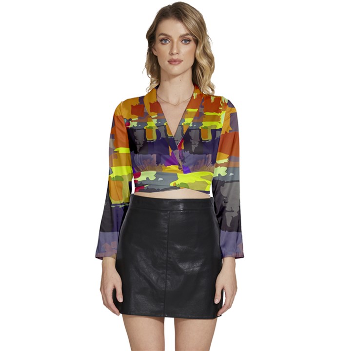 Abstract Vibrant Colour Long Sleeve Tie Back Satin Wrap Top