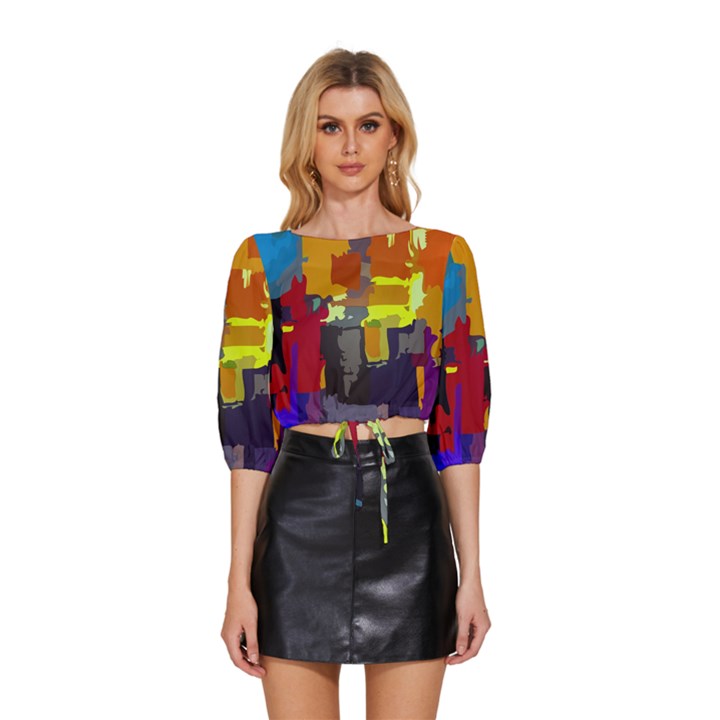 Abstract Vibrant Colour Mid Sleeve Drawstring Hem Top