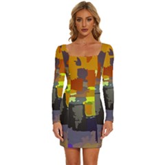 Abstract Vibrant Colour Long Sleeve Square Neck Bodycon Velvet Dress by Ket1n9