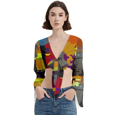 Abstract Vibrant Colour Trumpet Sleeve Cropped Top by Ket1n9