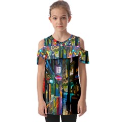 Abstract Vibrant Colour Cityscape Fold Over Open Sleeve Top by Ket1n9