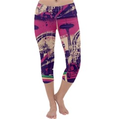 Pink City Retro Vintage Futurism Art Capri Yoga Leggings by Ket1n9