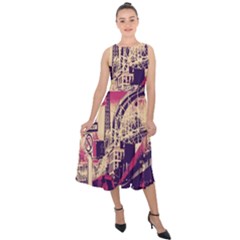 Pink City Retro Vintage Futurism Art Midi Tie-back Chiffon Dress by Ket1n9