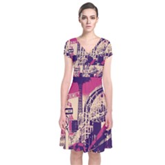 Pink City Retro Vintage Futurism Art Short Sleeve Front Wrap Dress by Ket1n9