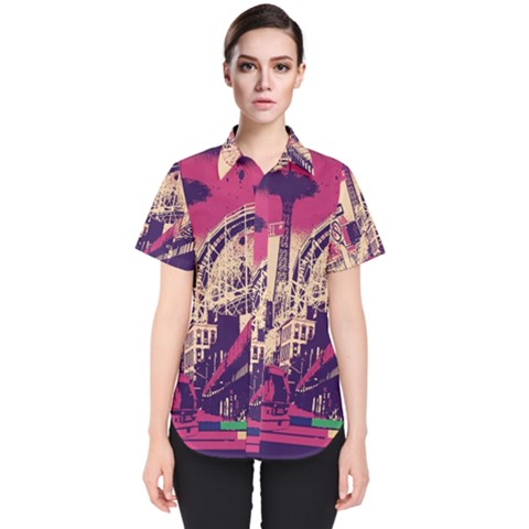 Pink City Retro Vintage Futurism Art Women s Short Sleeve Shirt by Ket1n9