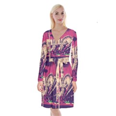 Pink City Retro Vintage Futurism Art Long Sleeve Velvet Front Wrap Dress by Ket1n9