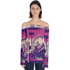 Pink City Retro Vintage Futurism Art Off Shoulder Long Sleeve Top by Ket1n9