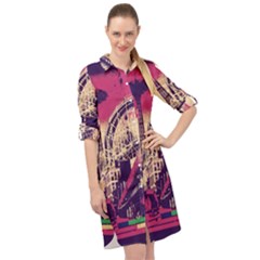 Pink City Retro Vintage Futurism Art Long Sleeve Mini Shirt Dress by Ket1n9