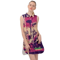 Pink City Retro Vintage Futurism Art Sleeveless Shirt Dress by Ket1n9