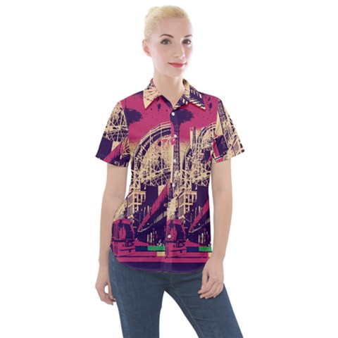 Pink City Retro Vintage Futurism Art Women s Short Sleeve Pocket Shirt by Ket1n9