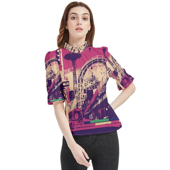 Pink City Retro Vintage Futurism Art Frill Neck Blouse