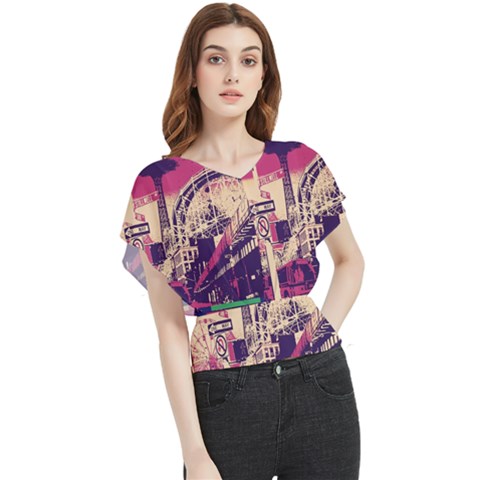 Pink City Retro Vintage Futurism Art Butterfly Chiffon Blouse by Ket1n9