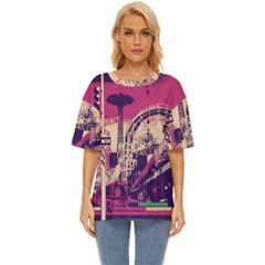 Pink City Retro Vintage Futurism Art Oversized Basic T-shirt by Ket1n9