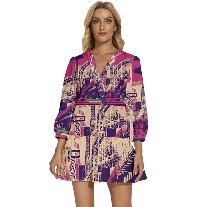 Pink City Retro Vintage Futurism Art V-Neck Placket Mini Dress