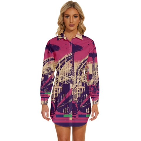 Pink City Retro Vintage Futurism Art Womens Long Sleeve Shirt Dress by Ket1n9