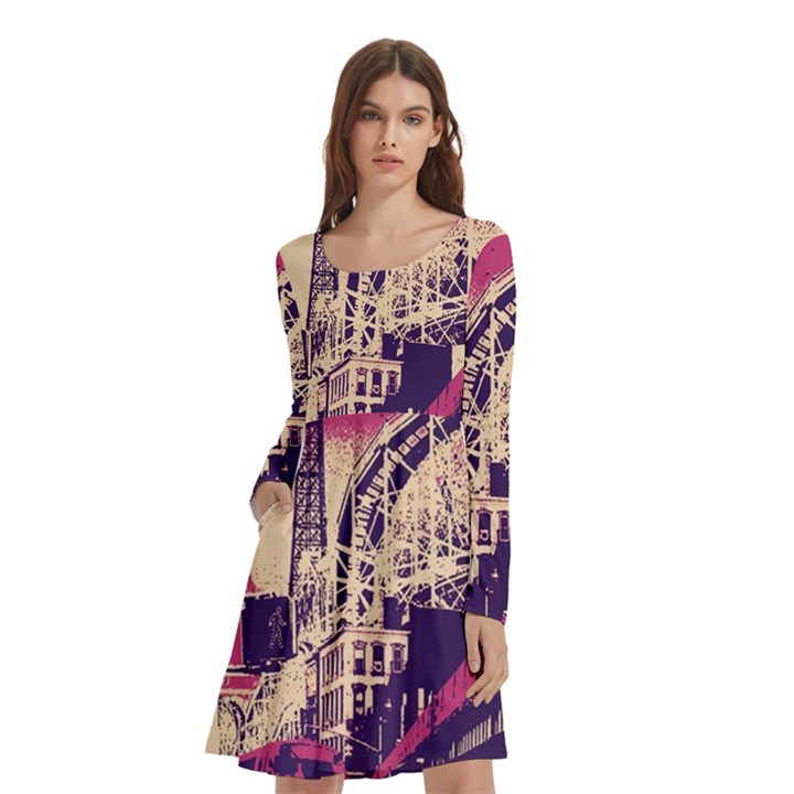 Pink City Retro Vintage Futurism Art Long Sleeve Knee Length Skater Dress With Pockets