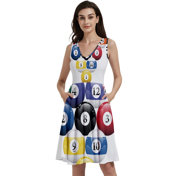 Racked Billiard Pool Balls Sleeveless V-Neck Skater Dress with Pockets