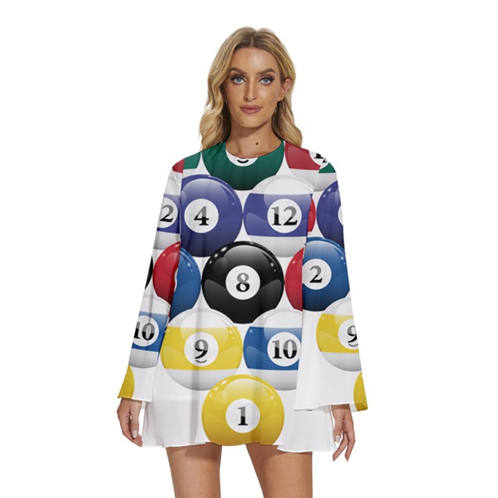 Racked Billiard Pool Balls Round Neck Long Sleeve Bohemian Style Chiffon Mini Dress