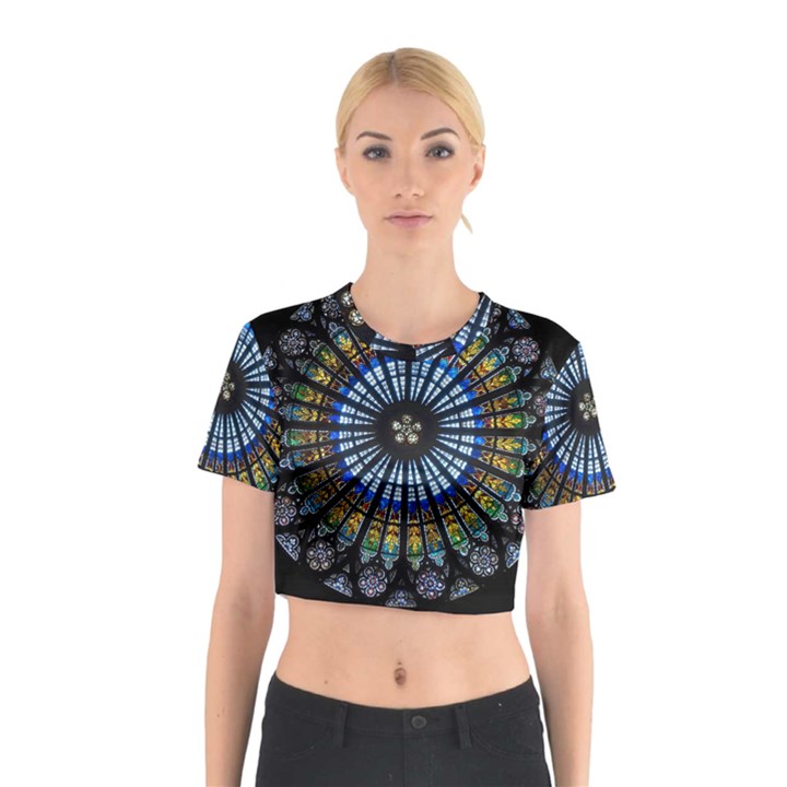 Stained Glass Rose Window In France s Strasbourg Cathedral Cotton Crop Top