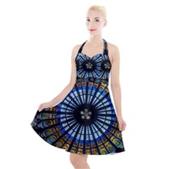 Stained Glass Rose Window In France s Strasbourg Cathedral Halter Party Swing Dress  by Ket1n9