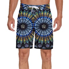 Stained Glass Rose Window In France s Strasbourg Cathedral Men s Beach Shorts by Ket1n9