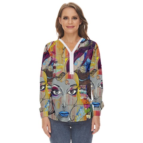 Graffiti Mural Street Art Painting Zip Up Long Sleeve Blouse by Ket1n9