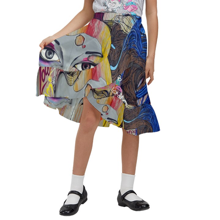 Graffiti Mural Street Art Painting Kids  Ruffle Flared Wrap Midi Skirt