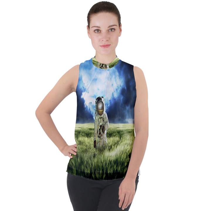 Astronaut Mock Neck Chiffon Sleeveless Top