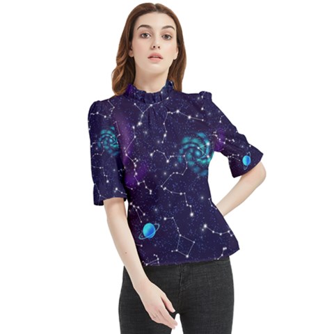 Realistic Night Sky Poster With Constellations Frill Neck Blouse by Ket1n9