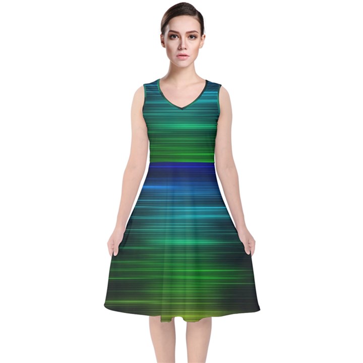 Blue And Green Lines V-Neck Midi Sleeveless Dress 