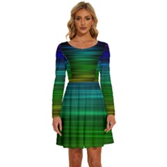 Blue And Green Lines Long Sleeve Wide Neck Velvet Dress by Ket1n9