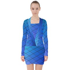 Blue Pattern Plain Cartoon V-neck Bodycon Long Sleeve Dress by Ket1n9