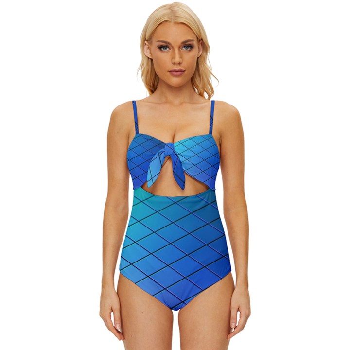 Blue Pattern Plain Cartoon Knot Front One-Piece Swimsuit