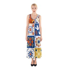 Mexican Talavera Pattern Ceramic Tiles With Flower Leaves Bird Ornaments Traditional Majolica Style Sleeveless Maxi Dress by Ket1n9