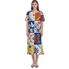 Mexican Talavera Pattern Ceramic Tiles With Flower Leaves Bird Ornaments Traditional Majolica Style Women s Cotton Short Sleeve Night Gown by Ket1n9