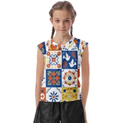 Mexican Talavera Pattern Ceramic Tiles With Flower Leaves Bird Ornaments Traditional Majolica Style Kids  Raglan Cap Sleeve T-shirt by Ket1n9