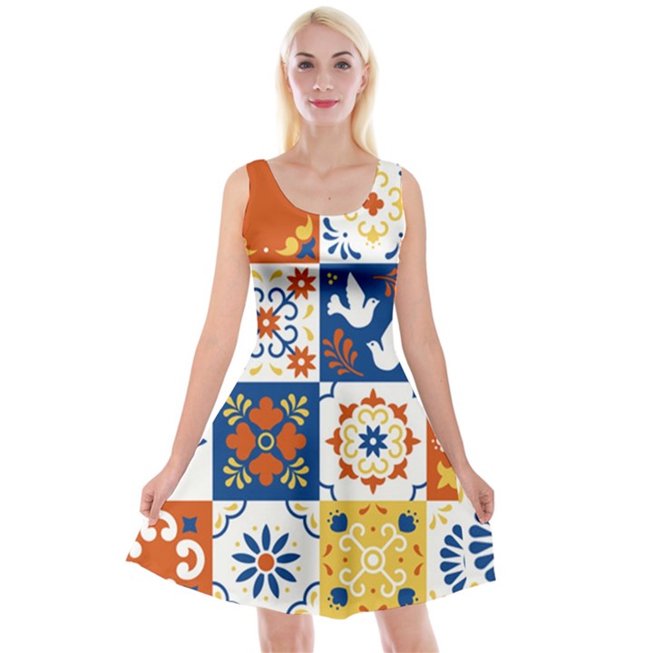 Mexican Talavera Pattern Ceramic Tiles With Flower Leaves Bird Ornaments Traditional Majolica Style Reversible Velvet Sleeveless Dress