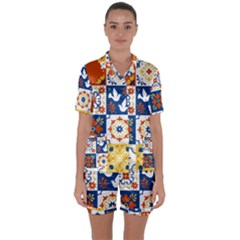 Mexican Talavera Pattern Ceramic Tiles With Flower Leaves Bird Ornaments Traditional Majolica Style Satin Short Sleeve Pajamas Set by Ket1n9