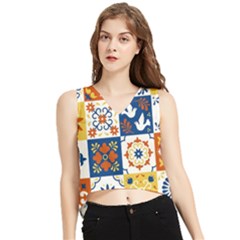 Mexican Talavera Pattern Ceramic Tiles With Flower Leaves Bird Ornaments Traditional Majolica Style V-neck Cropped Tank Top by Ket1n9