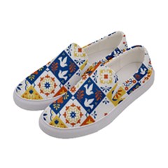 Mexican Talavera Pattern Ceramic Tiles With Flower Leaves Bird Ornaments Traditional Majolica Style Women s Canvas Slip Ons by Ket1n9