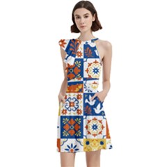 Mexican Talavera Pattern Ceramic Tiles With Flower Leaves Bird Ornaments Traditional Majolica Style Cocktail Party Halter Sleeveless Dress With Pockets by Ket1n9