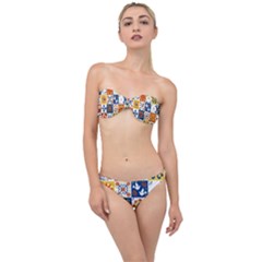 Mexican Talavera Pattern Ceramic Tiles With Flower Leaves Bird Ornaments Traditional Majolica Style Classic Bandeau Bikini Set by Ket1n9