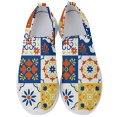 Mexican Talavera Pattern Ceramic Tiles With Flower Leaves Bird Ornaments Traditional Majolica Style Men s Slip On Sneakers by Ket1n9