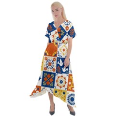 Mexican Talavera Pattern Ceramic Tiles With Flower Leaves Bird Ornaments Traditional Majolica Style Cross Front Sharkbite Hem Maxi Dress by Ket1n9