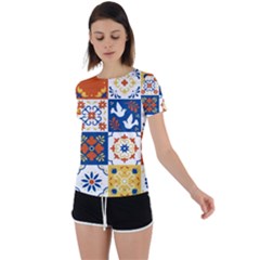 Mexican Talavera Pattern Ceramic Tiles With Flower Leaves Bird Ornaments Traditional Majolica Style Back Circle Cutout Sports T-shirt by Ket1n9