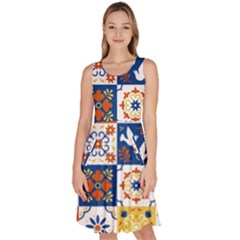 Mexican Talavera Pattern Ceramic Tiles With Flower Leaves Bird Ornaments Traditional Majolica Style Knee Length Skater Dress With Pockets by Ket1n9