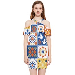 Mexican Talavera Pattern Ceramic Tiles With Flower Leaves Bird Ornaments Traditional Majolica Style Shoulder Frill Bodycon Summer Dress by Ket1n9